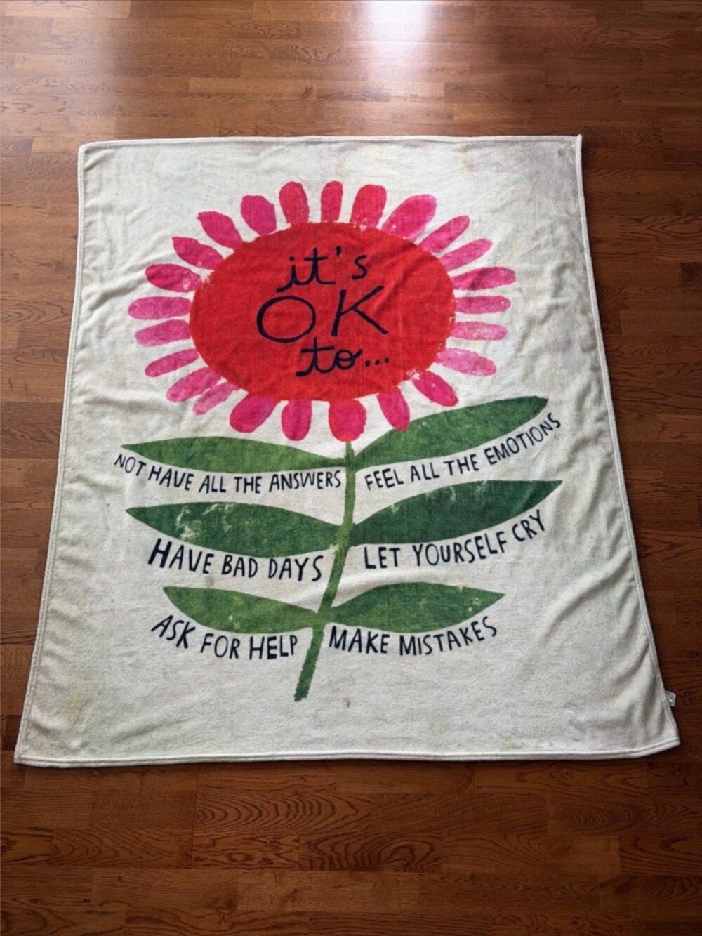 Natural Life Fleece Throw Blanket 50"x60" It's OK to Flower Red Green Cream Boho